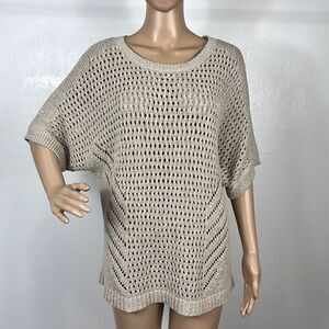 J. Jill Pure Jill Beige Cotton Open Knit Crochet Short Sleeve Sweater Size MP